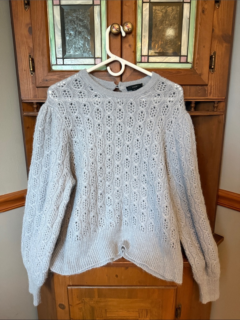 J.Crew Blue Balloon Sleeve Cable Knit Pointelle Alpaca Wool Blend Sweater XL